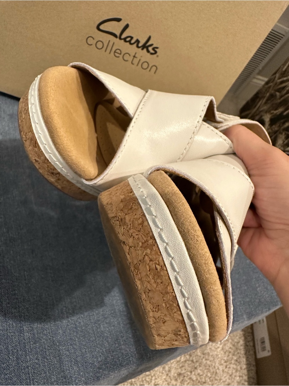 Clarks Cream Leather Cross-Strap Slingback Wedge Sandals - Picture 3 of 8